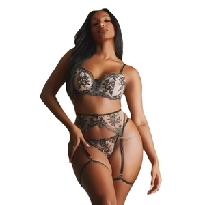Three-piece lace bodysuit set with floral embroidery and underwired push-up bra for women
