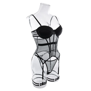 Detailed view of sexy black sheer mesh bodysuit with underwire cups and adjustable garters