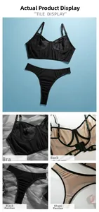 Detail view of sheer mesh underwire bra with thin straps and matching thong set