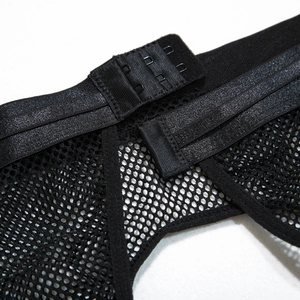 Macro shot of three-row hook-and-eye closure on a black mesh bodysuit for women