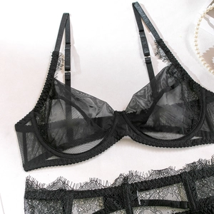 Détail de la résille transparente et de la dentelle sur un ensemble de lingerie noire