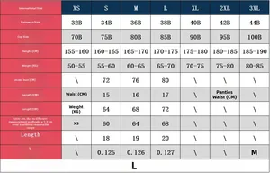 Size chart for lace lingerie set including bust, waist, and cup measurements from XS to 3XL