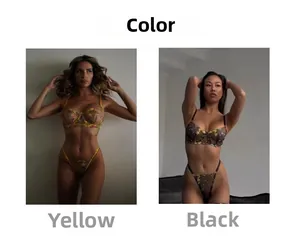 Détails d'un ensemble de lingerie en résille à broderie florale en jaune et noir