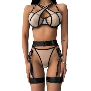 Sexy black mesh lace-up bodysuit set with underwire bra and garter straps on white background