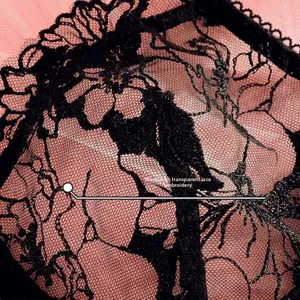 Macro view of transparent lace embroidery with delicate floral patterns and pink mesh lining