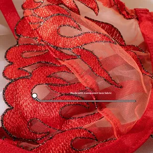 Macro detail of red flame embroidery on transparent lace fabric and mesh texture