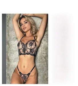 Detailed views of sexy black floral embroidery lace longline bra and matching thong set