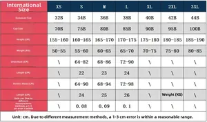 Detailed size chart for lace lingerie set including EU sizes and international dimensions