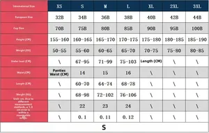 Detailed size chart for blue lace corset bodysuit showing international and EU dimensions