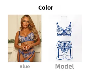 Detailed blue lace lingerie set featuring floral embroidery and underwire support
