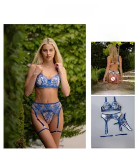 Detailed blue floral embroidery lace bodysuit with underwire and garter belt set