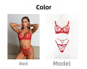 Detailed view of red cherry embroidery lace lingerie set with underwire and sheer mesh