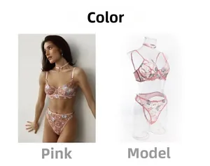 Detailed view of pink floral lace embroidery on sheer underwire bra and panty set