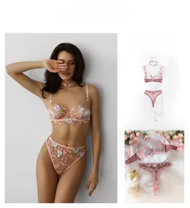 Detail view of pink sheer lace lingerie set with floral embroidery and underwire support