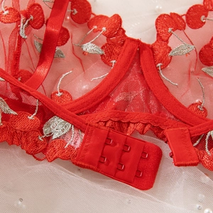 Macro detail of red lace mesh bra with cherry embroidery and triple hook eye closure