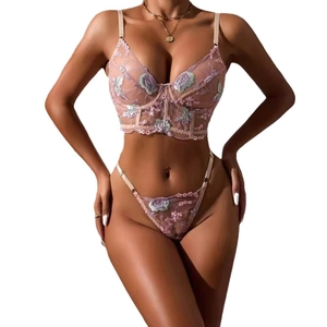 Sexy sheer lace floral embroidery lingerie set with underwire bra and matching thong