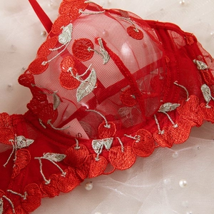 Detailed view of red lace bra featuring delicate cherry embroidery and scalloped edges