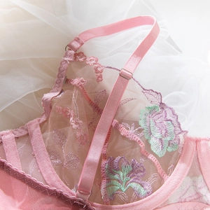Detail of pink floral embroidery and adjustable straps on sheer lace lingerie set
