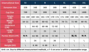 Size chart for lace embroidery lingerie set with international and EU sizing guides