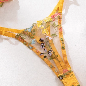 Détail de broderie florale colorée sur ensemble de lingerie en mesh jaune transparent