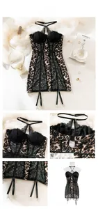 Detailed views of leopard print lingerie with black lace panels and adjustable garters