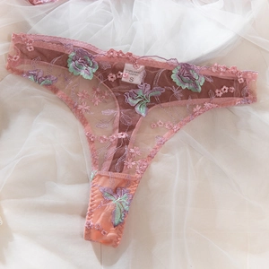 Detail of pink lace thong featuring multi-color floral embroidery and scalloped edges