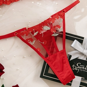 Detail of red cherry embroidery on sheer lace thong with luxury gift box and roses