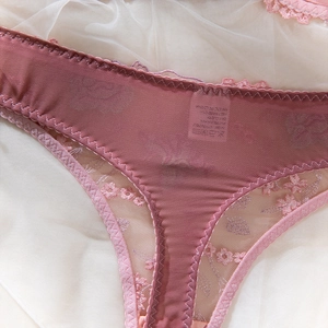Detail of pink lace mesh panties featuring floral embroidery and elegant scalloped edges