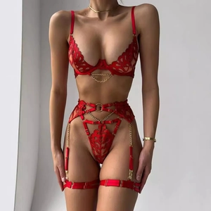 Women Sexy Red Lace Embroidery Lingerie Set With Metal Chain Underwired Push Up Top And Bottom For Valentine Party