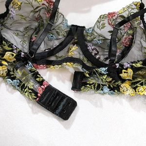 Détail de broderie florale sur soutien-gorge en maille noire avec bretelles et agrafe au dos