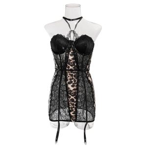 Detailed view of leopard print lingerie with lace trim, underwire cups and garter straps