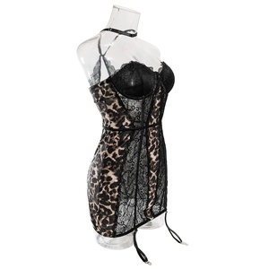 Detailed view of leopard print lingerie dress with black lace cups and garter straps