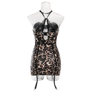 Detailed back view of leopard print lingerie dress with black lace and garters