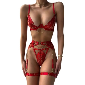 Red lace lingerie set with flame embroidery, underwire cups and gold chain accessories
