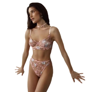 Pink lace embroidery lingerie set with underwire bra, high waist panty and matching choker
