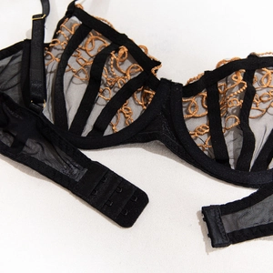 Detailed view of black mesh bra with gold chain embroidery and adjustable straps