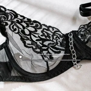 Close-up of exquisite transparent embroidered lace and silver metal chain on black bra