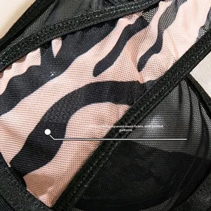 Detail of transparent mesh and zebra print spliced fabric on a sexy four-piece lingerie set