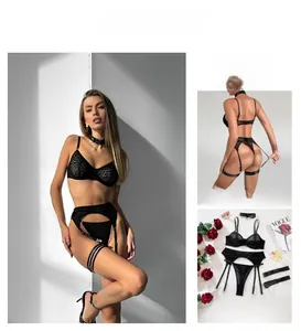 Detailed view of black leopard mesh bodysuit set with garter belt and choker necklace