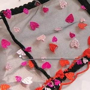 Detail of sheer black mesh fabric featuring colorful heart embroidery and lace trim