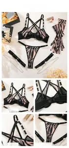 Detailed views of sexy zebra print mesh lingerie set with chain accents and gloves