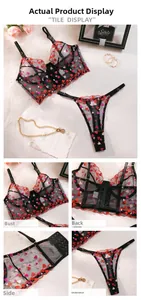Detailed views of black mesh lingerie set with colorful heart embroidery and lace trim