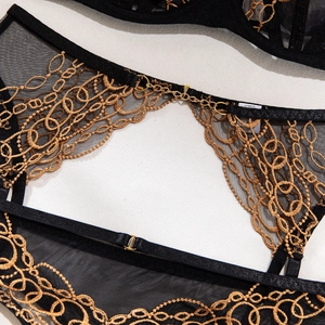 Close-up of black mesh lingerie with gold chain embroidery and metal waist chain details