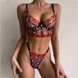 Sexy black lace lingerie set with heart embroidery and underwire support for women