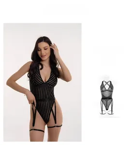 Detail of black striped sexy bodysuit featuring waist cincher and adjustable garter belts