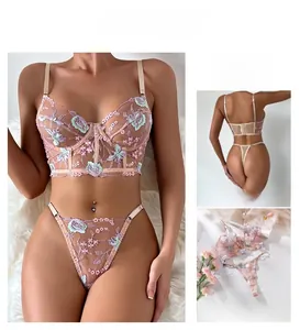 Detail of floral embroidery on sheer mesh lingerie set with underwire support