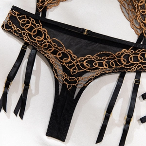 Close-up detail of black mesh lingerie with gold chain embroidery and metallic garter buckles