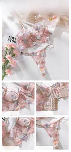 Close-up of pink mesh lingerie set with floral embroidery and underwire bra details