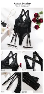 Detail view of black striped mesh bodysuit featuring garters and snap crotch closure