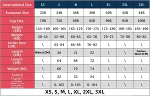 Tableau des tailles détaillé pour ensemble cosplay soubrette de la taille XS à 3XL international